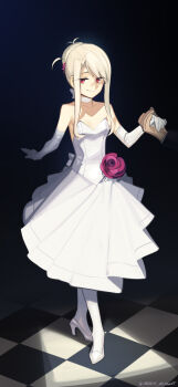 1girl bare_shoulders blush boa_(brianoa) breasts choker dress elbow_gloves fate/stay_night fate_(series) flower full_body gloves hair_bun high_heels highres illyasviel_von_einzbern long_hair looking_at_viewer pantyhose red_eyes sidelocks small_breasts smile solo_focus white_dress white_gloves white_hair white_pantyhose