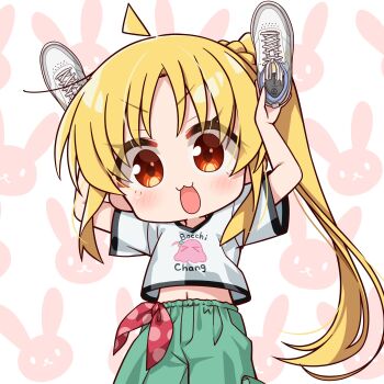 Rule 34 | 1girl, :3, absurdres, ahoge, arms up, blonde hair, blush, bocchi the rock!, chika (06chimika13), commentary request, gotoh hitori, gotoh hitori (octopus), green pants, highres, holding, holding shoes, holding unworn clothes, ijichi nijika, long hair, looking at viewer, navel, open mouth, pants, red eyes, shirt, shoes, short sleeves, side ponytail, smile, solo, t-shirt, unworn shoes, white shirt, white shoes