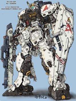 Rule 34 | absurdres, beam rifle, char's counterattack, commentary request, energy gun, exposed internal machinery, full body, gundam, highres, holding, holding energy gun, holding shield, holding weapon, looking to the side, mecha, mecha focus, no humans, nu gundam, robot, shield, shisaton., thrusters, vernier thrusters, weapon