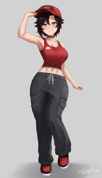1girl armpits artist_name baseball_cap black_hair breasts choker commentary cslucaris full_body grey_background grey_eyes hair_between_eyes hat highres large_breasts looking_at_viewer navel red_hair ruby_rose rwby shadow short_hair simple_background smile solo standing teeth watermark