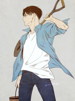 Rule 34 | 1boy, alternate costume, blue pants, blue shirt, brown hair, bucket, closed mouth, collared shirt, commentary request, crew neck, denim, grey background, highres, holding, holding bucket, holding shovel, ikichi8tkjn, jeans, levi (shingeki no kyojin), male focus, open clothes, open shirt, pants, shingeki no kyojin, shirt, short hair, shovel, simple background, solo, standing, twitter username, white shirt