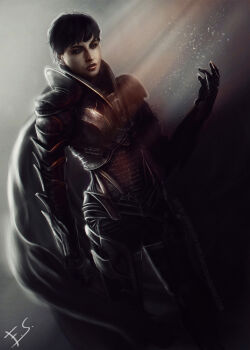 1girl alien armor black_hair blue_eyes cape dc_comics dc_extended_universe dccu faora_hu-ul female_focus gauntlets gradient_background highres kryptonian looking_at_viewer man_of_steel pixie_cut realistic short_hair solo superman_(series)
