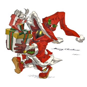 1other black_mage_(final_fantasy) boots box brown_gloves christmas dene_tri final_fantasy full_body fur-trimmed_gloves fur-trimmed_headwear fur-trimmed_jacket fur_trim gift gift_box gloves hat highres holding holding_gift jacket mistletoe red_boots red_hat red_jacket signature simple_background star_(symbol) white_background yellow_eyes