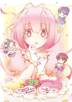 Rule 34 | > <, 1boy, 3girls, :o, antenna hair, b (kana0816), birthday cake, black hair, blazer, blunt bangs, blush, border, bow, brown eyes, brown hair, cake, character name, chibi, chibi inset, closed eyes, closed mouth, commentary request, confetti, crossed arms, dated, dot nose, elysia de lute ima, food, frilled gloves, frilled shirt, frills, fruit, glasses, gloves, grey jacket, grey pants, grey skirt, hagoromo, hair between eyes, hair bow, hair intakes, hair ornament, handheld game console, hands up, happy birthday, heart, holding, holding handheld game console, icing, jacket, japanese clothes, kami nomi zo shiru sekai, katsuragi keima, kimono, large bow, light particles, long hair, looking at viewer, multiple girls, nakagawa kanon, no pupils, okada (kaminomi), open mouth, outline, outside border, pants, parted bangs, pink background, pink eyes, pink hair, pink shirt, ponytail, puffy short sleeves, puffy sleeves, purple eyes, purple hair, purple kimono, raised eyebrows, red jacket, shawl, shirt, short hair, short sleeves, simple background, skirt, skull hair ornament, smile, strawberry, streamers, upper body, white border, white gloves, white outline, yellow background, yellow bow
