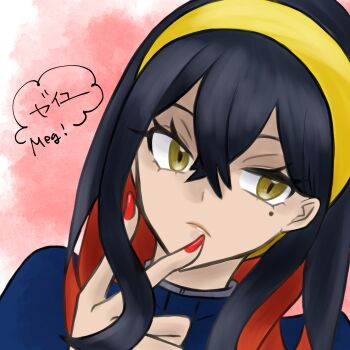 1girl appleberry9 black_hair blue_jacket carmine_(pokemon) closed_mouth colored_inner_hair crossed_bangs derivative_work eyelashes facing_viewer hair_between_eyes hairband highres jacket long_hair long_sleeves looking_to_the_side mole mole_under_eye multicolored_hair nintendo pokemon pokemon_sv red_hair red_nails solo two-tone_hair upper_body v yellow_eyes yellow_hairband