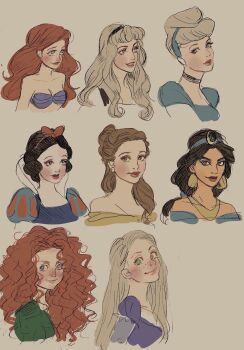 6+girls aladdin_(movie) ariel_(disney) aurora_(disney) ball_gown beauty_and_the_beast_(disney) belle_(disney) black_hair blonde_hair blue_dress blue_eyes brave_(pixar) brown_hair choker cinderella_(disney_character) cinderella_(disney_movie) disney disney_princess dress earrings elbow_gloves gloves hair_bun hairband highres jasmine_(disney) jewelry long_hair looking_at_viewer merida_(brave) multiple_girls princess princess_dress rapunzel_(disney) short_hair sleeping_beauty_(disney) smile snow_white_(disney) snow_white_and_the_seven_dwarfs_(disney) tangled the_little_mermaid_(disney) yama18imo