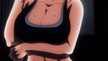 1girl 2025 20s animated animated_gif anime_screenshot black_bra black_panties black_sports_bra blonde_hair bra breasts cleavage female_focus heart heart-shaped_pupils large_breasts matching_hair/eyes midriff multicolored_eyes muscular muscular_female navel panties sazanami_kuina short_hair smile sports_bra stomach sweat symbol-shaped_pupils tagme thighs tongue tougen_anki underwear underwear_only yellow_eyes