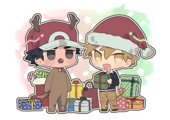Rule 34 | 2boys, absurdres, animal costume, antlers, arms up, belt, belt buckle, black belt, black hair, black jacket, blue oak, blush stickers, box, brown hair, brown pants, buckle, cargo pants, christmas, collared jacket, commentary request, empty eyes, full body, gift, gift bag, gift box, hair between eyes, hat, highres, holding, holding gift, horns, jacket, jitome, long sleeves, male focus, multiple boys, nintendo, pants, pk rgr96, pokemon, pokemon frlg, pokemon hgss, red (pokemon), red hat, red nose, reindeer antlers, reindeer costume, ribbon, santa hat, short hair, standing
