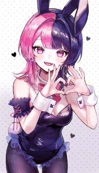 1girl absurdres animal_ear_hairband animal_ears armband armpit_crease bare_shoulders black_hair black_leotard black_nails black_pantyhose blush breasts character_request cleavage commentary_request copyright_request detached_collar fake_animal_ears frilled_armband frills hair_intakes hairband heart heart_hands highres leotard looking_at_viewer medium_breasts medium_hair multicolored_hair pantyhose parted_lips pink_eyes pink_hair pipi_(pipinavigation) polka_dot polka_dot_background rabbit_ear_hairband rabbit_ears rabbit_tail raised_inner_eyebrows split-color_hair swept_bangs tail two-tone_hair virtual_youtuber white_wrist_cuffs wrist_cuffs