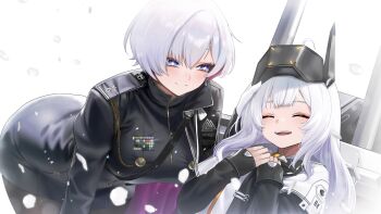 2girls absurdres bent_over black_pantyhose blue_eyes blush breasts closed_eyes closed_mouth colored_inner_hair commentary_request goddess_of_victory:_nikke highres large_breasts liliweiss_(nikke) long_hair long_sleeves looking_at_another multicolored_hair multiple_girls open_mouth pantyhose short_hair simple_background smile snow_white_(nikke) symbol-shaped_pupils teddypocky white_background