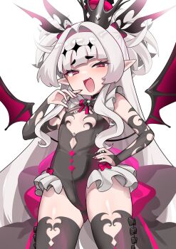 black_leotard black_thighhighs breasts commentary cropped_legs crown demon_girl demon_wings english_commentary fang hair_intakes highres indie_virtual_youtuber krua leotard long_hair looking_at_viewer monomogi open_mouth petite pink_eyes pink_nails pointy_ears second-party_source sidelocks small_breasts smile smug solo standing thighhighs tongue virtual_youtuber white_background white_hair wings