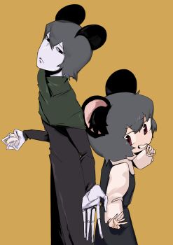 2girls absurdres animal_ear_fluff animal_ears back-to-back black_skirt black_vest capelet closed_mouth colored_skin commentary_request cookie_(touhou) cowboy_shot doll_joints dual_persona egg expressionless green_capelet grey_hair grin highres ishizaki_(ishizaki100) joints long_sleeves looking_at_viewer mouse_ears mouse_girl multiple_girls nazrin nyon_(cookie) reaching reaching_towards_viewer red_eyes shirt short_hair simple_background skirt skirt_set smile touhou vest white_shirt white_skin yellow_background