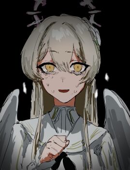 Rule 34 | 1girl, bags under eyes, black background, black neckerchief, blonde hair, blue archive, capelet, clenched hand, commentary request, dejigura, distorted halo, dress, empty eyes, feathered wings, hair between eyes, hair intakes, halo, hand up, highres, long hair, long sidelocks, low wings, nagisa (blue archive), neckerchief, nervous smile, nervous sweating, sidelocks, smile, solo, sweat, sweatdrop, white capelet, white dress, white wings, wings, yellow eyes