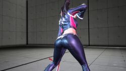1girl 3d animated ass ass_focus audible_music black_jacket black_pants brown_hair cropped_jacket fatal_fury fatal_fury:_city_of_the_wolves female_focus fighting_stance game_screenshot hand_fan highres holding holding_fan jacket leather leather_jacket leather_pants long_hair pants ponytail shiranui_mai snk solo sound street_fighter street_fighter_6 video