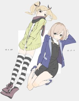 Rule 34 | 2girls, black overalls, black ribbon, blonde hair, blue eyes, blue jacket, blue shoes, boots, brown hair, cardigan, commentary request, dated, hair ornament, hair ribbon, hairclip, hands in pockets, highres, jacket, long sleeves, looking at viewer, miyamori aoi, mole, mole under eye, multiple girls, open cardigan, open clothes, open jacket, overall shorts, overalls, ribbon, scarf, shirobako, shirt, shoes, simple background, striped clothes, striped thighhighs, thighhighs, twintails, white shirt, wi st i, yano erika