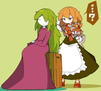 Rule 34 | 2girls, apron, black dress, blonde hair, capelet, commentary request, cutting hair, dress, green background, hair ribbon, highres, holding, holding scissors, kirisame marisa, long hair, long sleeves, looking at another, mima (touhou), multiple girls, no headwear, numa frog, purple dress, ribbon, scissors, simple background, sitting, smile, standing, sweat, touhou, waist apron, yellow eyes