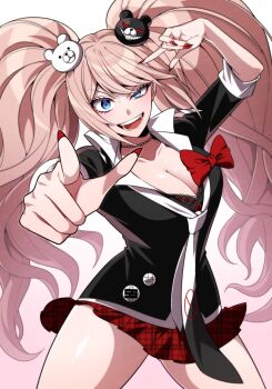 1girl absurdres applying_manicure bear_hair_ornament black_shirt blue_eyes breasts cleavage danganronpa_(series) enoshima_junko gesugao hair_ornament highres kamenozoki_momomo large_breasts looking_at_viewer nail_polish necktie open_mouth pink_hair plaid_clothes plaid_skirt pointing red_nails red_skirt shirt simple_background skirt smile solo twintails white_background white_necktie