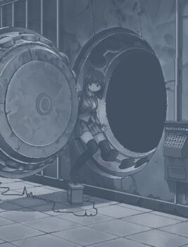 1girl bank_vault blazer breasts dithering doorway english_text explosive fuse hamsterfragment imminent_death imminent_explosion imminent_suicide jacket loafers medium_breasts medium_hair monochrome neck_ribbon open_door original pixel_art pleated_skirt ribbon school_uniform shoes skirt solo shinohata_sachie_(hamsterfragment) thighhighs tile_floor tiles tnt zettai_ryouiki