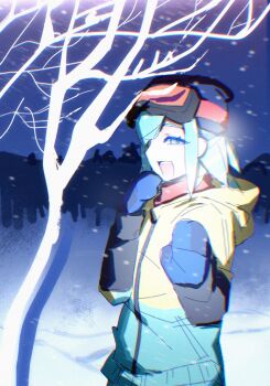 Rule 34 | 1boy, bare tree, blue hat, blue mittens, chinese commentary, coat, commentary, commentary request, grusha (pokemon), hat, highres, kui kui jiang, male focus, mittens, multicolored coat, nintendo, outdoors, pokemon, pokemon (anime), pokemon horizons, snowing, solo, tree, two-tone coat, winter