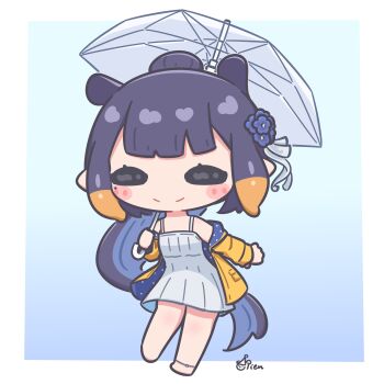 Rule 34 | 1girl, absurdres, alternate costume, blue background, blunt bangs, chibi, closed eyes, coat, dress, flower, full body, hair flower, hair ornament, highres, holding, holding umbrella, hololive, hololive english, light smile, long hair, mole, mole under eye, mpien, multicolored hair, ninomae ina'nis, pointy ears, ponytail, purple hair, raincoat, sidelocks, simple background, solo, standing, straight-on, sundress, tentacle hair, transparent, transparent umbrella, two-sided coat, two-sided fabric, two-tone hair, umbrella, very long hair, violet (flower), violet (ninomae ina'nis), virtual youtuber, white dress, yellow coat, yellow raincoat