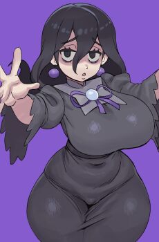 Rule 34 | 1girl, @ @, bags under eyes, black dress, black eyes, black hair, breasts, cowboy shot, dress, earrings, hair between eyes, hex maniac (pokemon), hex maniac (pokemon legends: z-a), jewelry, large breasts, long hair, long sleeves, nintendo, pokemon, pokemon legends: z-a, pokpa, purple background, reaching, simple background, solo, standing, wide hips