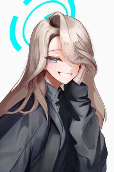 1girl absurdres aqua_eyes aqua_halo asuna_(blue_archive) asymmetrical_bangs black_jacket black_sweater blonde_hair blue_archive eyes_visible_through_hair from_side grin hair_over_one_eye halo hand_on_own_cheek hand_on_own_face hand_up hashtag-only_commentary highres jacket long_bangs long_hair looking_at_viewer looking_to_the_side miisang47 open_clothes open_jacket simple_background smile solo sweater turning_head turtleneck turtleneck_sweater upper_body white_background