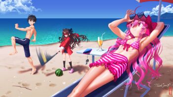 Rule 34 | 1boy, 2girls, adjusting eyewear, ahoge, arima miyako, barefoot, baseball bat, beach, bikini, black hair, black socks, blindfold, blue shorts, blue sky, bow, brown hair, cellphone, cloud, commentary request, cup, day, dead apostle noel (tsukihime), drink, drinking glass, drinking straw, eyewear on head, food, fruit, glasses, hair between eyes, hair bow, heart, heart-shaped eyewear, highres, holding, holding baseball bat, jacket, long hair, long sleeves, lying, motion blur, multiple girls, noel (tsukihime), ocean, okuribi, on back, outdoors, phone, pink bikini, pink bow, pink eyes, pink hair, pink shoes, red jacket, shoes, short hair, shorts, sky, smartphone, socks, standing, standing on one leg, striped bikini, striped clothes, sunglasses, swimsuit, tohno shiki, topless male, tsukihime, watermelon