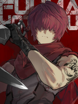 1boy bandaged_hand bandages black_bandages character_name fate/grand_order fate_(series) fuuma_kotarou_(fate) fuuma_kotarou_(second_ascension)_(fate) hair_over_eyes highres holding holding_kunai holding_weapon kunai ninja red_hair red_scarf red_theme scarf shoulder_tattoo sleeveless solo suzuhi_(fullprayer) tattoo weapon