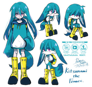 1boy absurdres animal_ears backpack bag blue_fur blue_hoodie blush boots character_name commentary_request fox_boy fox_ears fox_tail full_body furry furry_and_humanization furry_male highres hood hoodie humanization kitsunami_the_fennec looking_at_viewer male_focus multiple_views purple_eyes renti_(chocolaxor) simple_background sitting sonic_(series) sonic_the_hedgehog_(idw) standing tail watermark white_background yellow_bag yellow_boots