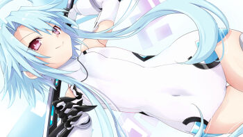 1girl axe bad_tag bare_shoulders battle_axe blue_hair blush breasts covered_navel elbow_gloves gloves hip_focus holding holding_axe iwashi_dorobou_-r- leotard medium_hair neptune_(series) over_shoulder power_symbol red_eyes short_hair_with_long_locks sideways skin_tight small_breasts smile solo symbol-shaped_pupils thigh_gap thighs weapon weapon_over_shoulder white_gloves white_heart_(neptunia) white_leotard wings