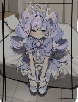 1girl ahoge bed blue_archive blue_hair bow bowtie drill_hair halo long_hair magical_girl multicolored_hair on_bed pink_hair purple_eyes reisa_(blue_archive) reisa_(magical)_(blue_archive) striped_clothes striped_thighhighs syhan tagme thighhighs twin_drills wrist_cuffs