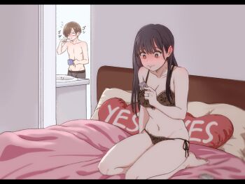1boy 1girl barefoot bed bed_sheet black_bra black_eyes black_hair black_panties blush boku_no_kokoro_no_yabai_yatsu bra breasts brown_eyes brushing_teeth bulge cleavage closed_mouth collarbone condom condom_wrapper cup erection erection_under_clothes full_body heart heart-shaped_pillow holding holding_condom holding_cup holding_toothbrush ichikawa_kyoutarou indoors kneeling lace lace_bra lace_panties letterboxed long_hair medium_breasts mole mole_on_neck mole_on_thigh multiple_moles narumi_(62rimi) navel on_bed panties pillow short_hair side-tie_panties sink string_panties toothbrush toothbrush_in_mouth topless_male underwear underwear_only yamada_anna yes yes-no_pillow