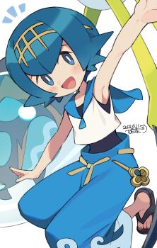 1girl :d araquanid arm_up blue_eyes blue_hair blue_pants blue_sailor_collar blush commentary_request dated flip-flops gen_7_pokemon gold_hairband hairband happy iroyopon lana_(pokemon) looking_at_viewer nintendo no_sclera notice_lines one-piece_swimsuit open_mouth outstretched_arm pants pokemon pokemon_(creature) pokemon_sm sailor_collar sandals shirt short_hair signature simple_background sleeveless sleeveless_shirt smile squatting swimsuit swimsuit_under_clothes toenails trial_captain white_background white_shirt