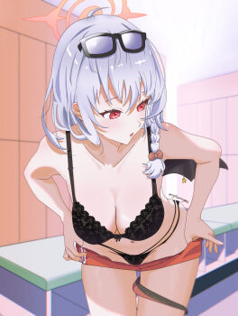 1girl absurdres artist_name black_bra blue_archive bra commentary_request eyewear_on_head hair_ribbon halo haruna_(blue_archive) haruna_(track)_(blue_archive) highres looking_to_the_side panties red_eyes red_halo ribbon royalbunny003 single_wing sunglasses track_suit underwear white_hair wings