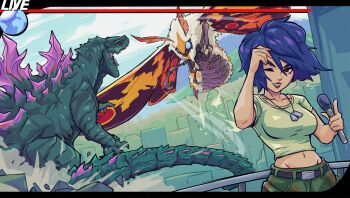 1girl absurdres antennae arm_up atari battle belt belt_buckle black_belt blue_eyes blue_hair blue_sky breasts buckle bug camouflage camouflage_pants city clenched_teeth cloud collarbone compound_eyes crop_top curvy day destruction dinosaur dog_tags doobermcgoober dorsal_fin fighting flying giant giant_monster godzilla godzilla:_domination! godzilla_(series) green_pants highres hill holding holding_microphone hood insect kaiju lipstick live live_broadcast looking_at_viewer makeup matsu_connie medium_breasts microphone midriff military military_uniform monster moth mothra navel news newscaster no_pupils one_eye_closed open_mouth outdoors pants pipeworks red_eyes reporter roaring sea_monster sharp_teeth short_hair short_sleeves sky spikes standing tail teeth toho wayforward wings