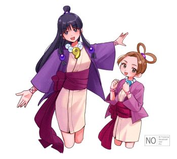Rule 34 | 2girls, ace attorney, black hair, blunt bangs, brown hair, cropped legs, hair ornament, hair rings, half updo, japanese clothes, jewelry, kimono, long hair, magatama, magatama necklace, maya fey, multiple girls, necklace, open mouth, pearl fey, rat nkmi, sash, short hair, short kimono, sidelocks, simple background, smile, sphere hair ornament, topknot, white background