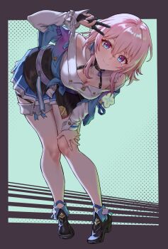 1girl black_corset black_gloves black_shoes blue_eyes breasts cleavage closed_mouth corset gloves hair_between_eyes highres honkai:_star_rail honkai_(series) jacket kadokadokado looking_at_viewer march_7th_(honkai:_star_rail) march_7th_(preservation)_(honkai:_star_rail) medium_breasts medium_hair multicolored_eyes off-shoulder_jacket off_shoulder partially_fingerless_gloves pink_hair pink_pupils shoes simple_background smile solo standing thighs tied_jacket v white_background