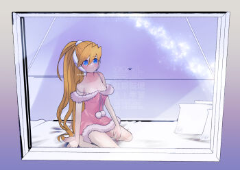 1girl bare_shoulders blonde_hair blue_eyes blush breasts ciel_(mega_man) cleavage closed_mouth collarbone commission dress full_body high_ponytail kneeling long_hair medium_breasts mega_man_(series) mega_man_zero_(series) no_panties ponytail rikka_(user_hruv2435) robot_ears see-through_clothes see-through_dress smile solo spaghetti_strap vgen_commission watermark