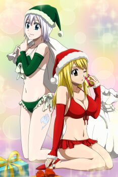 Rule 34 | 2girls, bad id, bad pixiv id, bikini, blonde hair, blue eyes, bluesnowcat, brown eyes, christmas, detached sleeves, fairy tail, hat, lisanna strauss, long hair, lucy heartfilia, multiple girls, one eye closed, sack, santa bikini, santa costume, santa hat, short hair, silver hair, swimsuit, wink