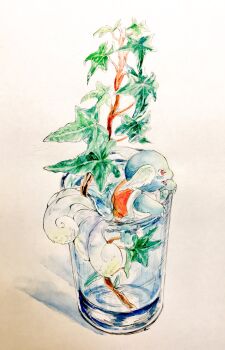 Rule 34 | animal focus, branch, claws, commentary request, cup, full body, gen 1 pokemon, highres, in container, in cup, leaf, mint nappa, nintendo, no humans, open mouth, painting (medium), pokemon, red eyes, simple background, solo, traditional media, wartortle, watercolor (medium), white background