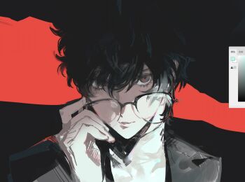 1boy amamiya_ren art_program_in_frame black_hair black_jacket commentary_request eyelashes glasses jacket looking_at_viewer male_focus parted_lips persona persona_5 quxiaochong red_background shirt short_hair solo upper_body white_shirt