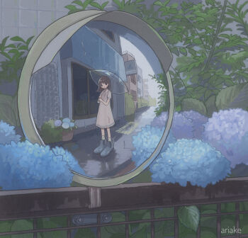 1girl absurdres ariake_(shiroan_koshian) awning black_hair blue_boots boots building dress fence flower grey_dress highres holding holding_umbrella original outdoors plant rain reflection reflection_focus rubber_boots short_sleeves standing traffic_mirror transparent transparent_umbrella umbrella