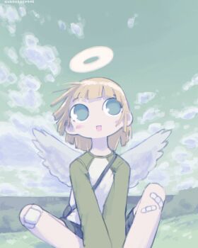 1girl angel angel_wings bag bandages blonde_hair blush cloud feathered_wings glowing glowing_halo green_eyes grey_wings haibane_renmei halo highres kurohanenone kuu_(haibane_renmei) multiple_bandages open_mouth outdoors short_hair shorts shoulder_bag sky sweater traditional_halo two-tone_shirt wings