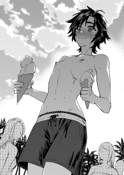 3girls blush breasts closed_mouth cloud dithering faceless faceless_female food greyscale holding holding_food ice_cream ice_cream_cone male_swimwear male_swimwear_challenge monochrome multiple_girls nipples nose_blush original outdoors public_indecency senri_(yukataro) short_hair sky small_breasts solo_focus sweat swim_trunks swimsuit tomboy topless_female wavy_hair yukataro