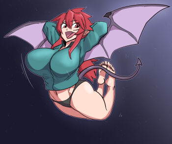 1girl arms_up ass bare_legs barefoot bouncing_breasts breasts buruma demon_girl demon_wings fang flying full_body gradient_background hotsaurus huge_ass itadaki!_seieki large_breasts licking_lips long_hair looking_at_viewer naughty_face navel pointy_ears red_eyes red_hair seductive_smile setogaya_mari smile solo toes tongue tongue_out very_long_hair wide_hips wings