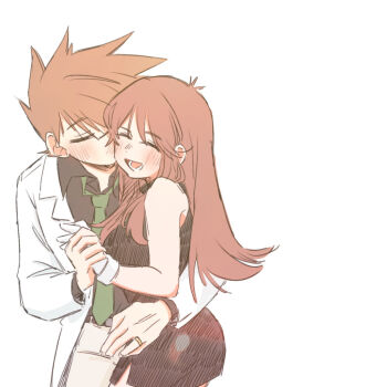 1boy 1girl arm_around_waist black_dress black_shirt blue_oak blush brown_hair closed_eyes dress green_(pokemon) green_necktie hand_grab hetero jewelry kiss kissing_cheek lab_coat necktie negative_space nintendo open_mouth pokemon pokemon_adventures riceball_(gohan_gin) ring shirt spiked_hair white_background