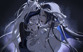 2girls 3shine_02 air_bubble black_bodysuit black_hair blouse blue_eyes blue_hair bodysuit bubble collar colored_inner_hair covered_eyes frilled_collar frilled_sleeves frills gradient_background material_growth multicolored_hair multiple_girls nail_polish pale_skin parted_lips path_to_nowhere puffy_sleeves pylgia_(path_to_nowhere) shin_(path_to_nowhere) shirt smile tentacles white_hair white_shirt yuri