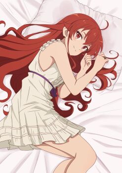 1girl ahoge bare_shoulders bed_sheet blush camisole chemise closed_mouth commentary eris_greyrat feet_out_of_frame from_above highres long_hair looking_at_viewer lying mushoku_tensei official_alternate_costume on_side pillow red_eyes red_hair smile solo white_camisole white_chemise yaken_(11keionnota06)