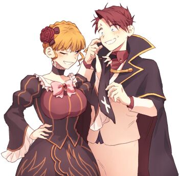 1boy 1girl beatrice_(umineko) black_cape black_dress black_necktie blonde_hair breasts cape clothes_grab collared_shirt constricted_pupils dress flower formal_clothes hair_flower hair_ornament hand_on_own_hip highres hswoimuxk0pwr0h_(bbdan) large_breasts necktie necktie_grab neckwear_grab one_eye_closed pants pulling_another's_clothes red_flower red_hair red_rose red_shirt rose shirt short_hair sidelocks simple_background smile standing suit sweatdrop teeth umineko_no_naku_koro_ni ushiromiya_battler white_background white_pants white_suit wide-eyed