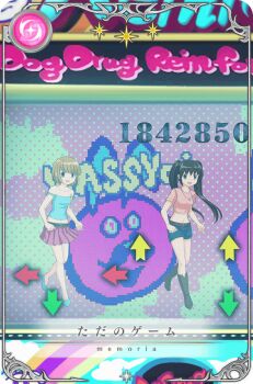 2girls arcade_cabinet arrow_(symbol) bare_arms bare_legs bare_shoulders belt belt_buckle bemani black_belt black_boots black_hair blue_bow blue_eyes blue_shirt blue_shoes blue_shorts blunt_bangs blunt_ends bob_cut boots bow brown_hair buckle card_(medium) collarbone cropped_shirt dance_dance_revolution dancing denim denim_shorts dot_nose flats full_body game_cg happy jewelry knee_boots long_hair looking_at_viewer magia_record:_mahou_shoujo_madoka_magica_gaiden mahou_shoujo_madoka_magica midriff miniskirt multiple_girls necklace off-shoulder_shirt off_shoulder official_art open_mouth parody picture_frame pink_shirt pink_skirt pleated_skirt score shirt shoes short_hair short_sleeves shorts skirt sleeve_bow smile star_(symbol) t-shirt tareme translated tsuduki_neko twintails